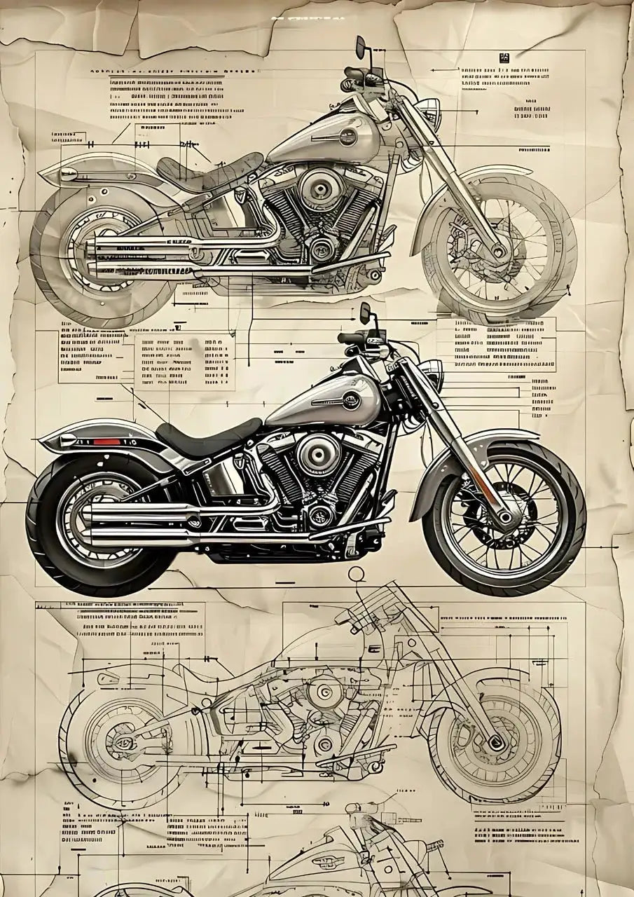 Vintage Motorcycle Blueprint Schematic Art Print