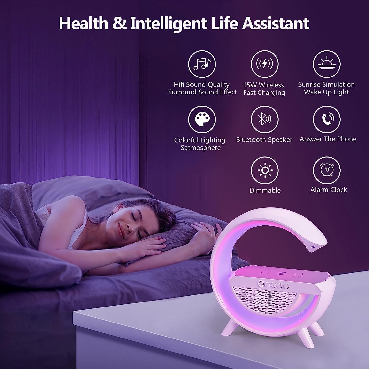 4 in 1 LED Wireless Charging Lamp, Night Light for Bedroom, BT Speaker, Radio, Wireless Charger, Atmosphere Lamp for Bedroom, Home Decoration