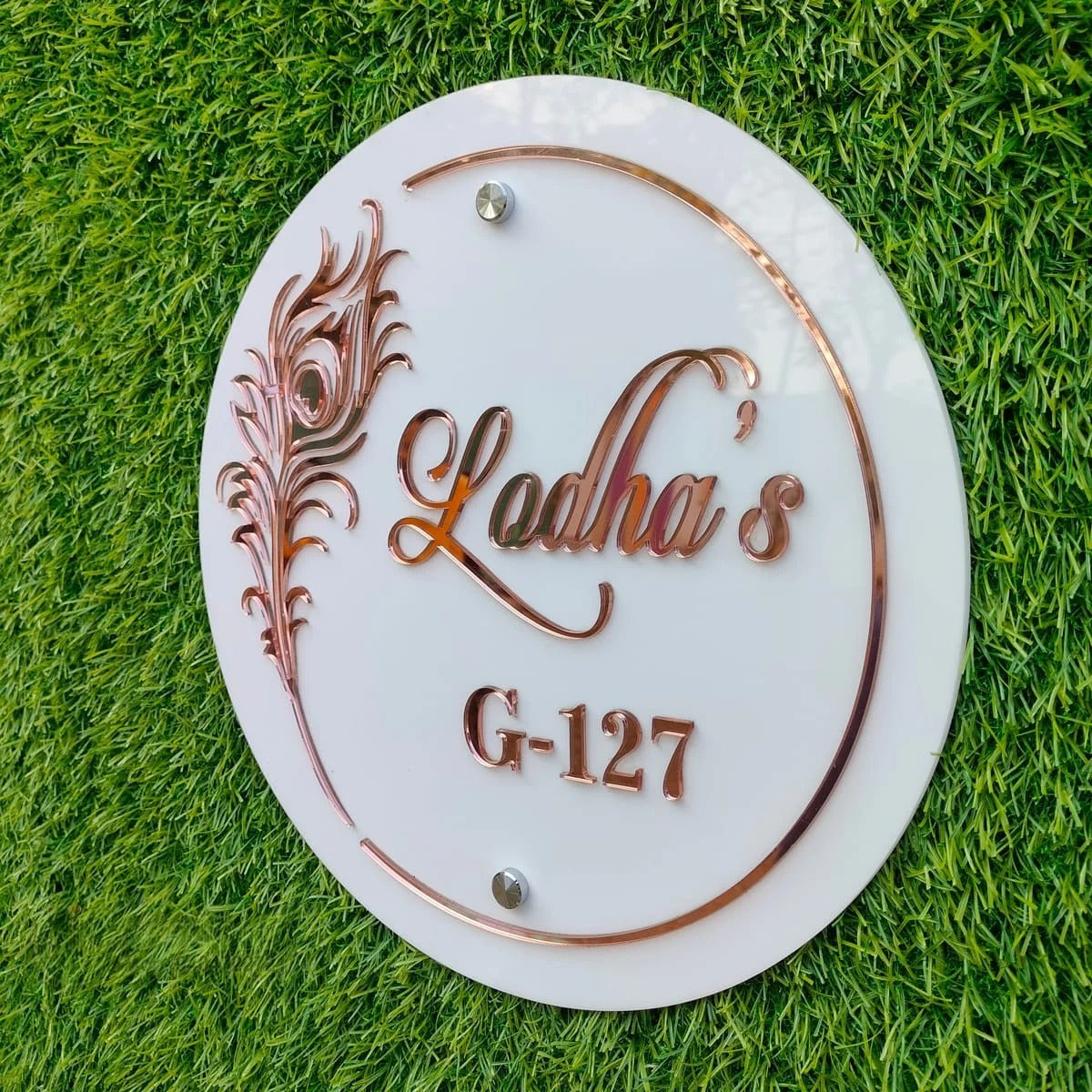 Round Rose Gold Peacock Feather Name Plate
