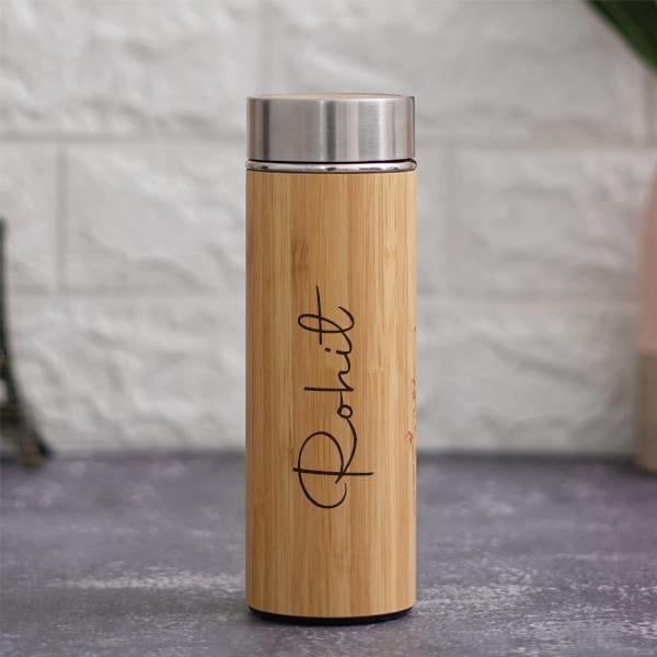 Personalized Bamboo Vacuum Flask with Strainer -  - Jolly Gifts And Arts