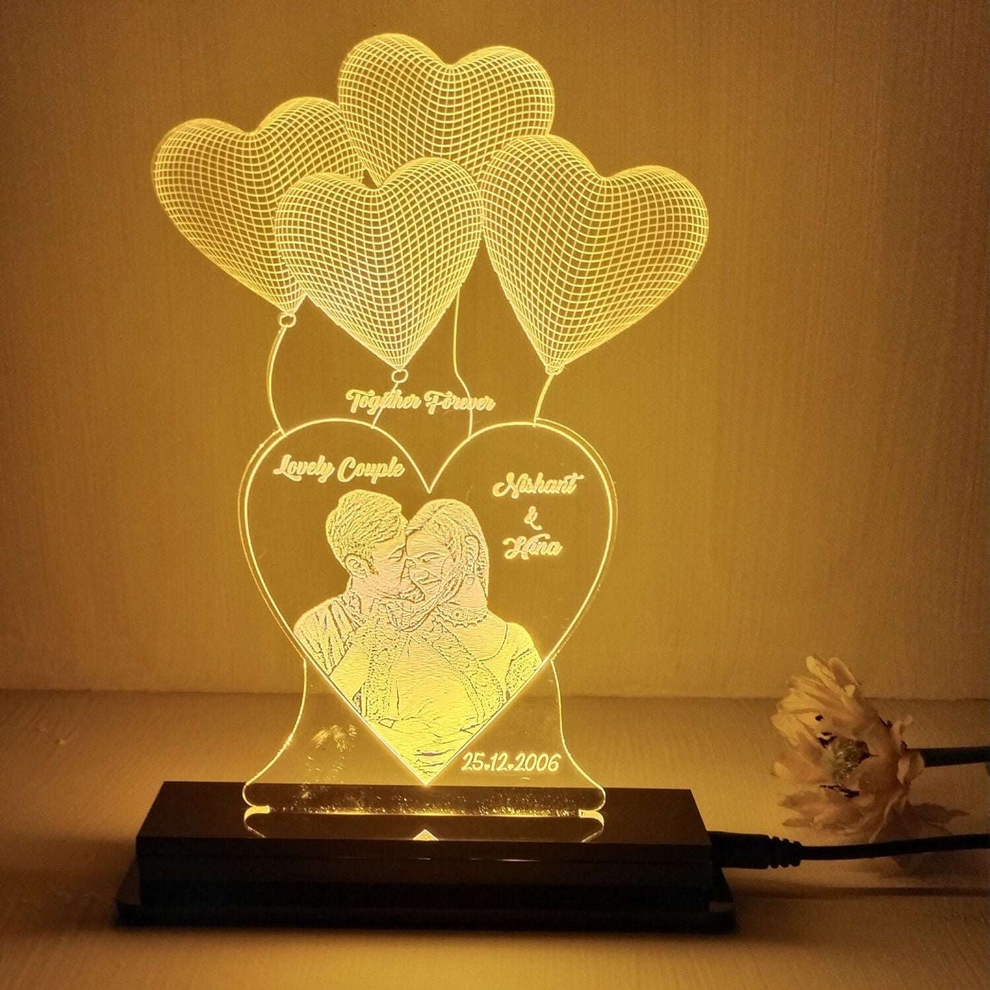 Personalized LED Heart Balloons Couple Lamp - Custom Engraved Romantic Gift