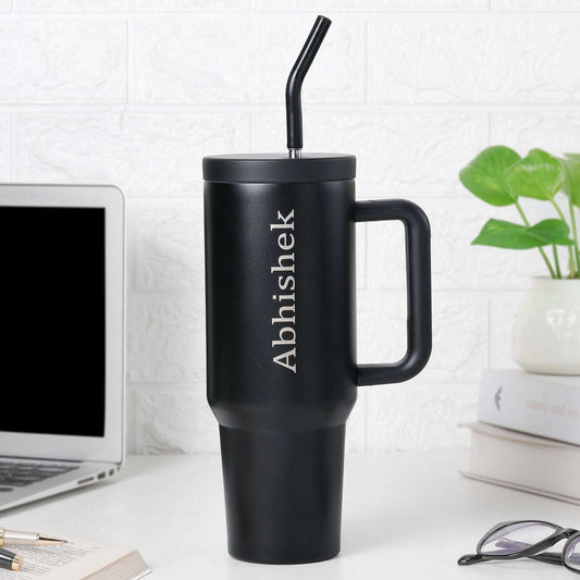Personalized Stanley Style Black Stainless Steel Insulated Tumbler with Handle
