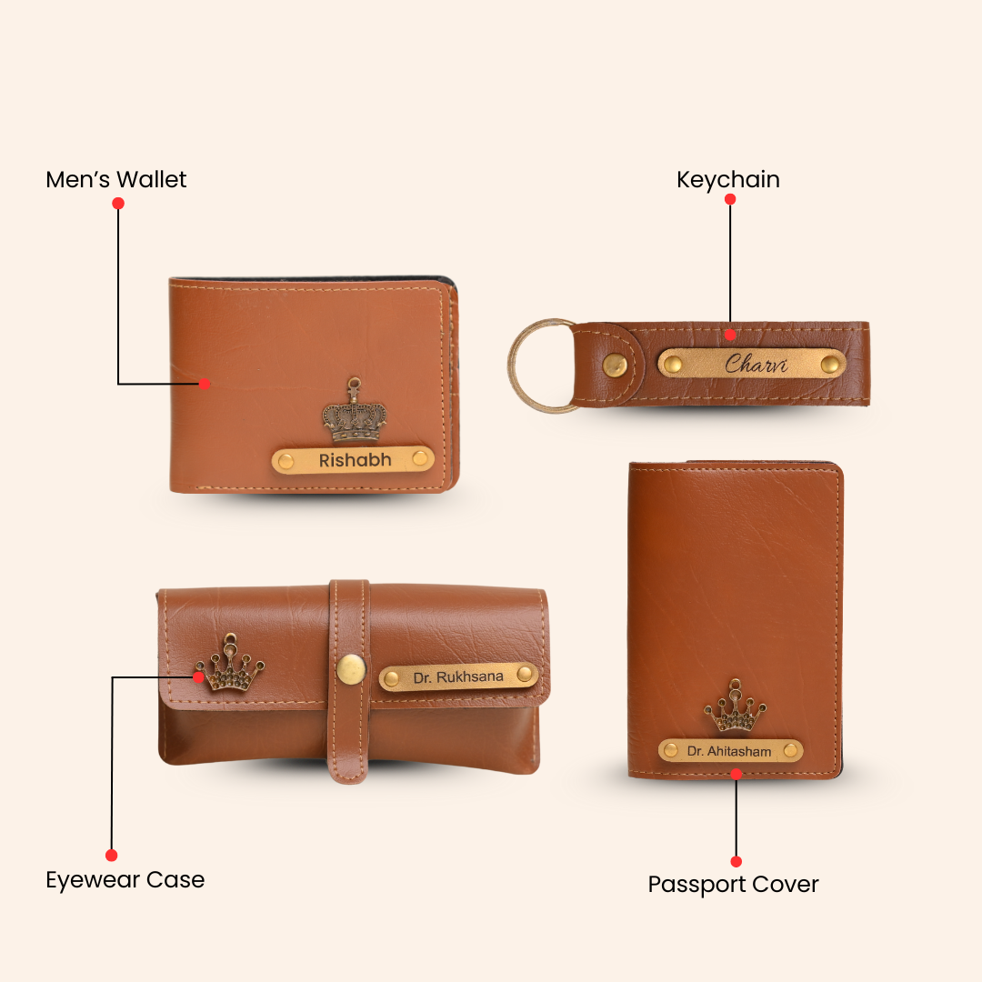 Personalized Men's 4-in-1 Tan Vegan Leather Gift Set with Custom Engraving