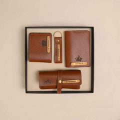 Personalized Men's 4-in-1 Tan Vegan Leather Gift Set with Custom Engraving