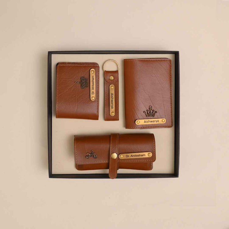 Personalized Men's 4-in-1 Tan Vegan Leather Gift Set with Custom Engraving