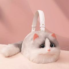 Plush Shaded Silver Kitty Handbag: Lifelike Faux Fur Cat Shoulder Crossbody Bag