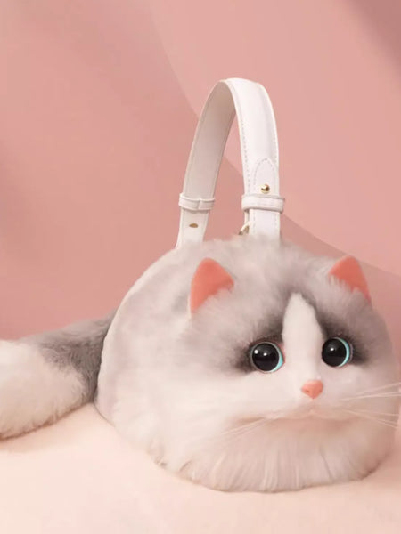 Plush Shaded Silver Kitty Handbag: Lifelike Faux Fur Cat Shoulder Crossbody Bag