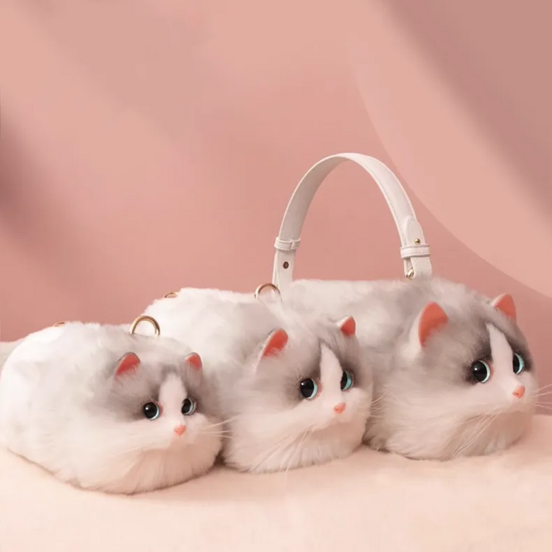 Plush Shaded Silver Kitty Handbag: Lifelike Faux Fur Cat Shoulder Crossbody Bag