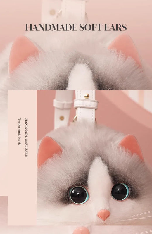 Plush Shaded Silver Kitty Handbag: Lifelike Faux Fur Cat Shoulder Crossbody Bag