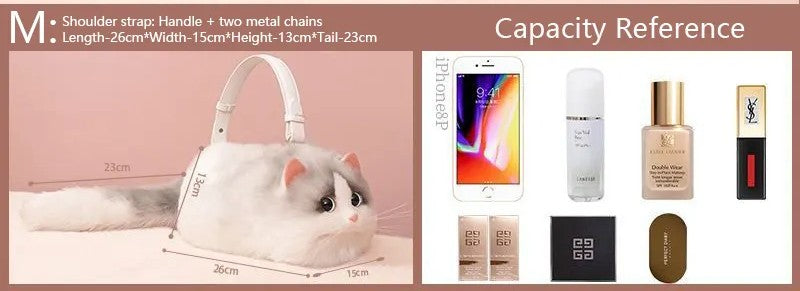 Plush Shaded Silver Kitty Handbag: Lifelike Faux Fur Cat Shoulder Crossbody Bag