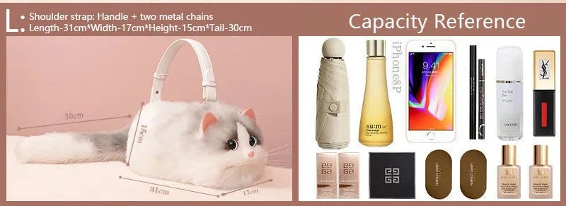 Plush Shaded Silver Kitty Handbag: Lifelike Faux Fur Cat Shoulder Crossbody Bag