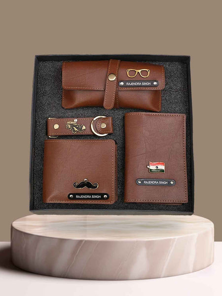Personalized Men's 4-in-1 Tan Vegan Leather Gift Set with Custom Engraving