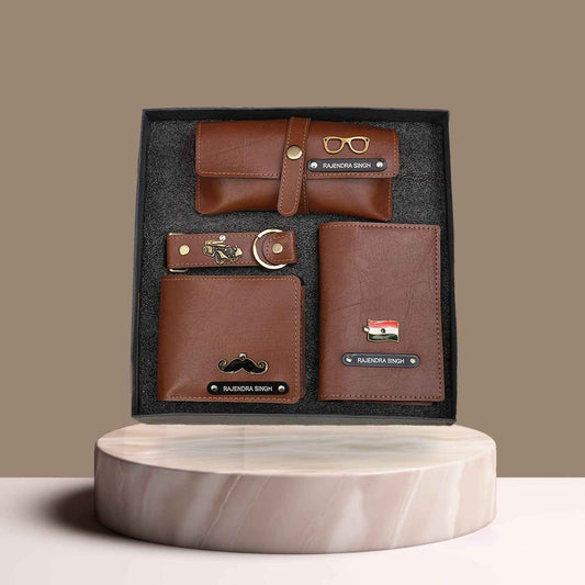 Personalized Men's 4-in-1 Tan Vegan Leather Gift Set with Custom Engraving