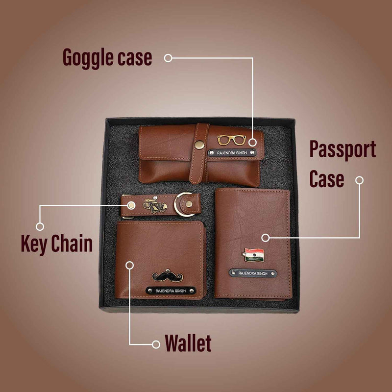 Personalized Men's 4-in-1 Tan Vegan Leather Gift Set with Custom Engraving