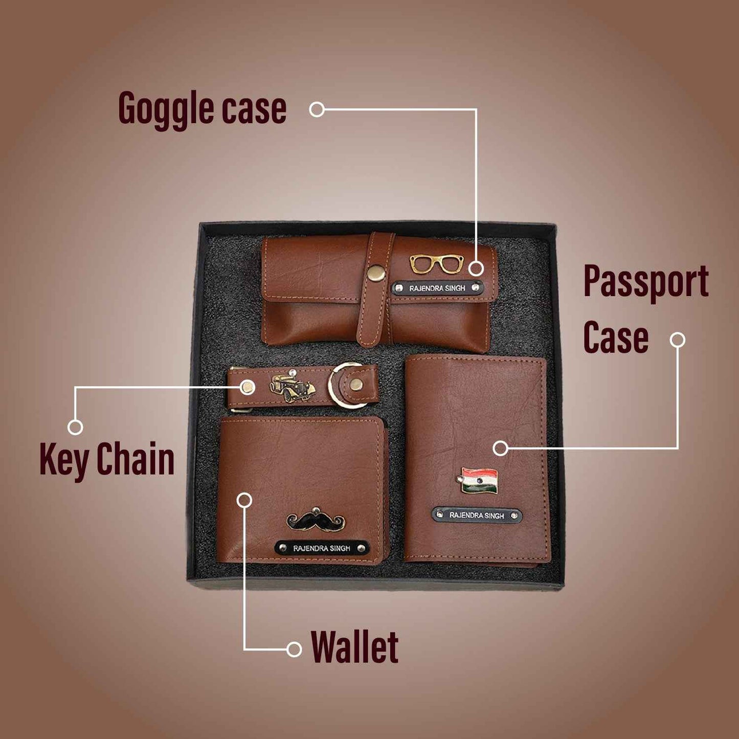 Personalized Men's 4-in-1 Tan Vegan Leather Gift Set with Custom Engraving