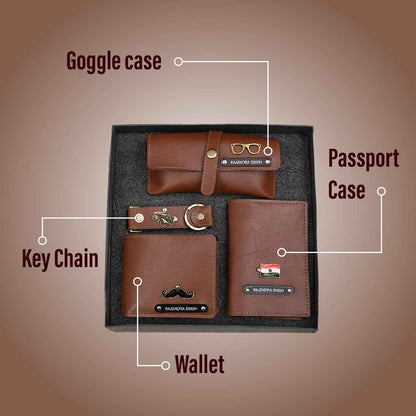 Personalized Men's 4-in-1 Tan Vegan Leather Gift Set with Custom Engraving