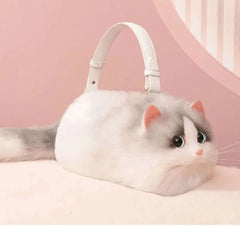 Plush Shaded Silver Kitty Handbag: Lifelike Faux Fur Cat Shoulder Crossbody Bag