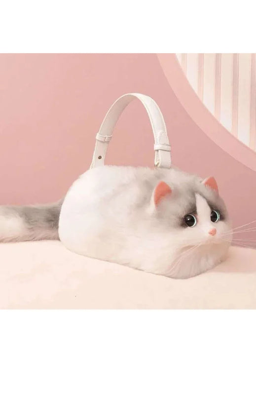 Plush Shaded Silver Kitty Handbag: Lifelike Faux Fur Cat Shoulder Crossbody Bag