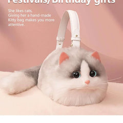 Plush Shaded Silver Kitty Handbag: Lifelike Faux Fur Cat Shoulder Crossbody Bag