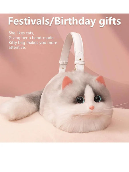 Plush Shaded Silver Kitty Handbag: Lifelike Faux Fur Cat Shoulder Crossbody Bag