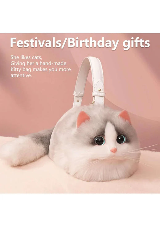 Plush Shaded Silver Kitty Handbag: Lifelike Faux Fur Cat Shoulder Crossbody Bag