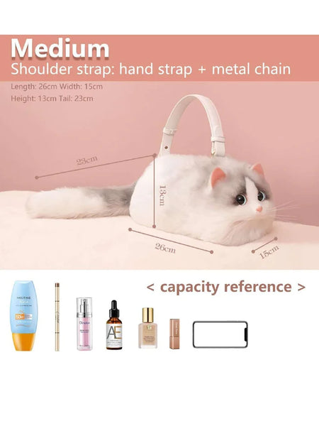 Plush Shaded Silver Kitty Handbag: Lifelike Faux Fur Cat Shoulder Crossbody Bag