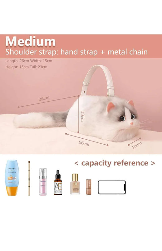 Plush Shaded Silver Kitty Handbag: Lifelike Faux Fur Cat Shoulder Crossbody Bag