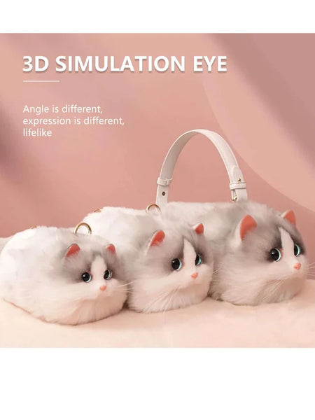 Plush Shaded Silver Kitty Handbag: Lifelike Faux Fur Cat Shoulder Crossbody Bag