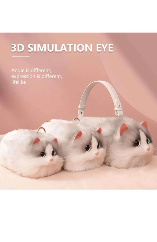 Plush Shaded Silver Kitty Handbag: Lifelike Faux Fur Cat Shoulder Crossbody Bag