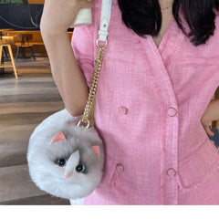 Plush Shaded Silver Kitty Handbag: Lifelike Faux Fur Cat Shoulder Crossbody Bag