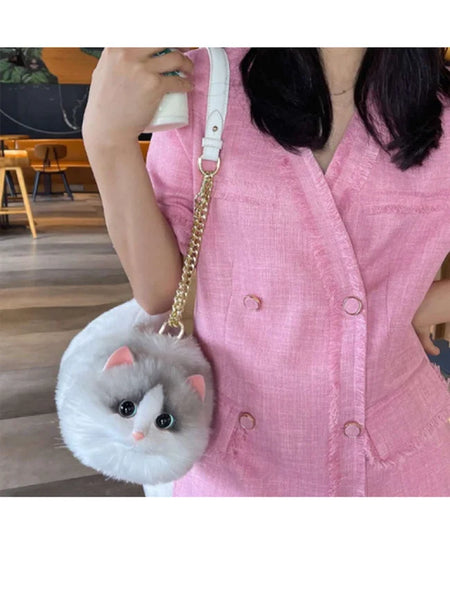 Plush Shaded Silver Kitty Handbag: Lifelike Faux Fur Cat Shoulder Crossbody Bag