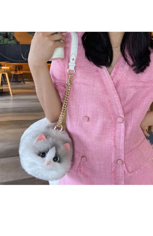 Plush Shaded Silver Kitty Handbag: Lifelike Faux Fur Cat Shoulder Crossbody Bag