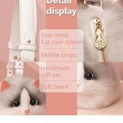 Plush Shaded Silver Kitty Handbag: Lifelike Faux Fur Cat Shoulder Crossbody Bag