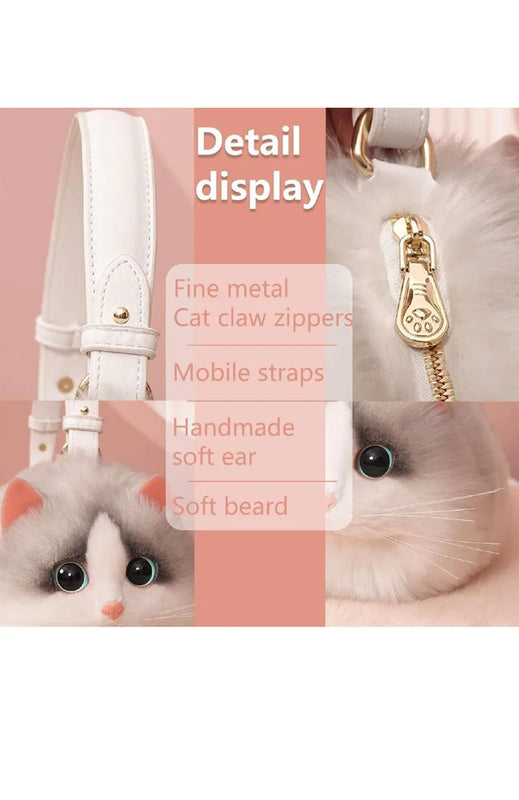 Plush Shaded Silver Kitty Handbag: Lifelike Faux Fur Cat Shoulder Crossbody Bag