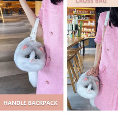 Plush Shaded Silver Kitty Handbag: Lifelike Faux Fur Cat Shoulder Crossbody Bag