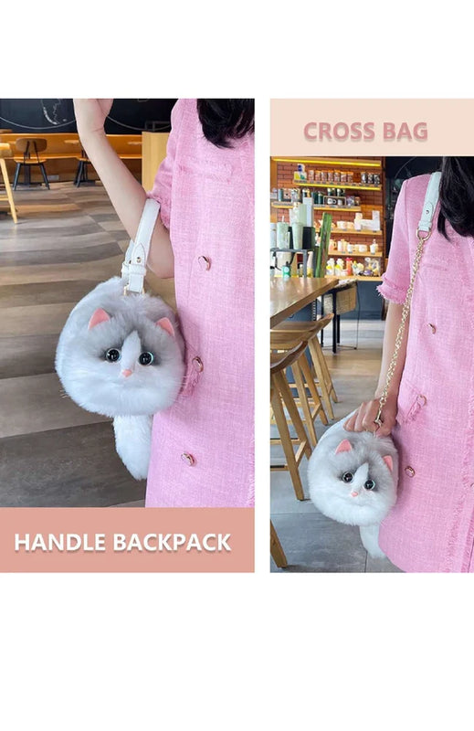Plush Shaded Silver Kitty Handbag: Lifelike Faux Fur Cat Shoulder Crossbody Bag
