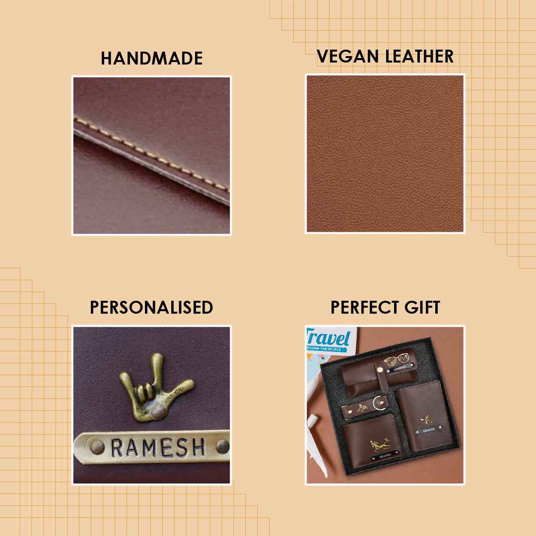Personalized Men's 4-in-1 Tan Vegan Leather Gift Set with Custom Engraving
