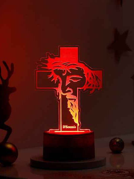 Personalized Divine Cross LED Lamp with Brown Base - Custom Christmas Jesus Light
