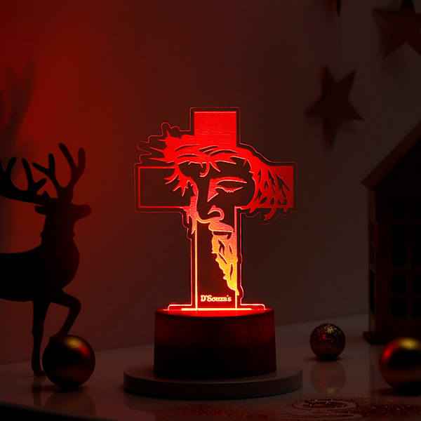 Personalized Divine Cross LED Lamp with Brown Base - Custom Christmas Jesus Light