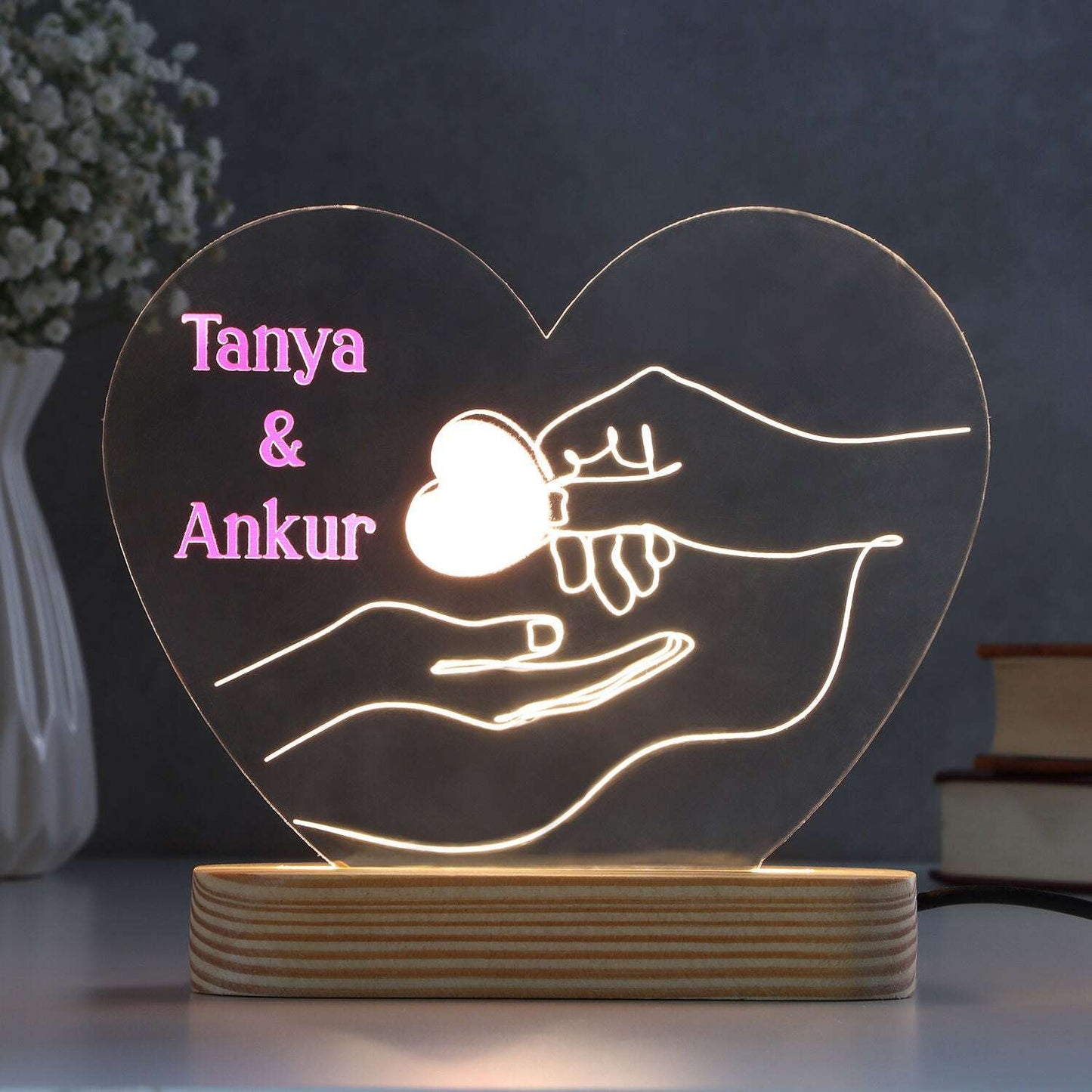 Personalised Heart-Shaped LED Lamp with Custom Names - Engraved Acrylic Night Light