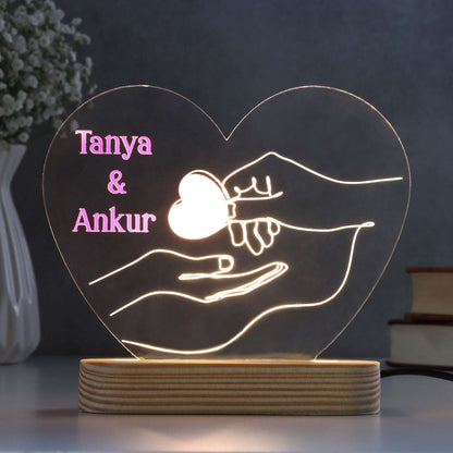 Personalised Heart-Shaped LED Lamp with Custom Names - Engraved Acrylic Night Light