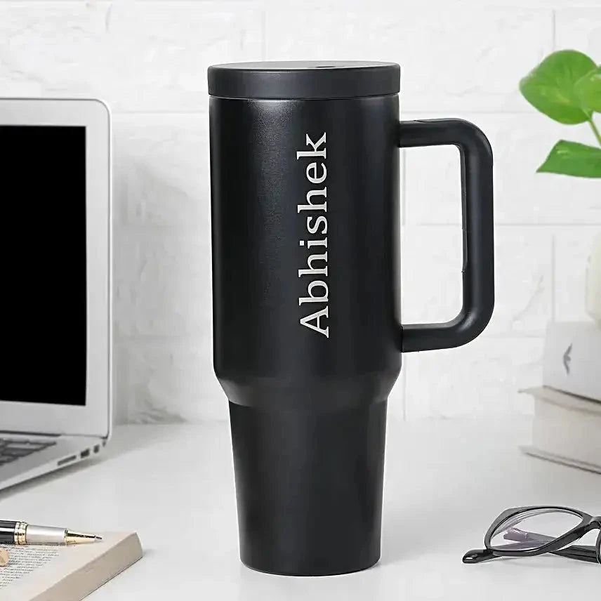Personalized Stanley Style Black Stainless Steel Insulated Tumbler with Handle