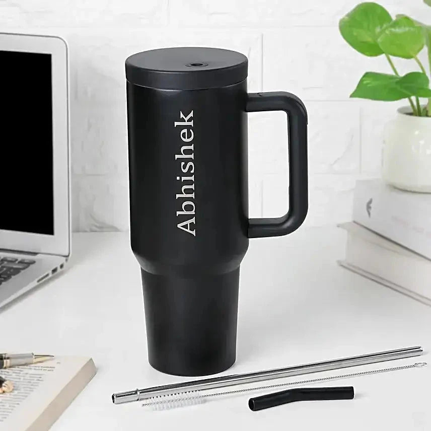 Personalized Stanley Style Black Stainless Steel Insulated Tumbler with Handle