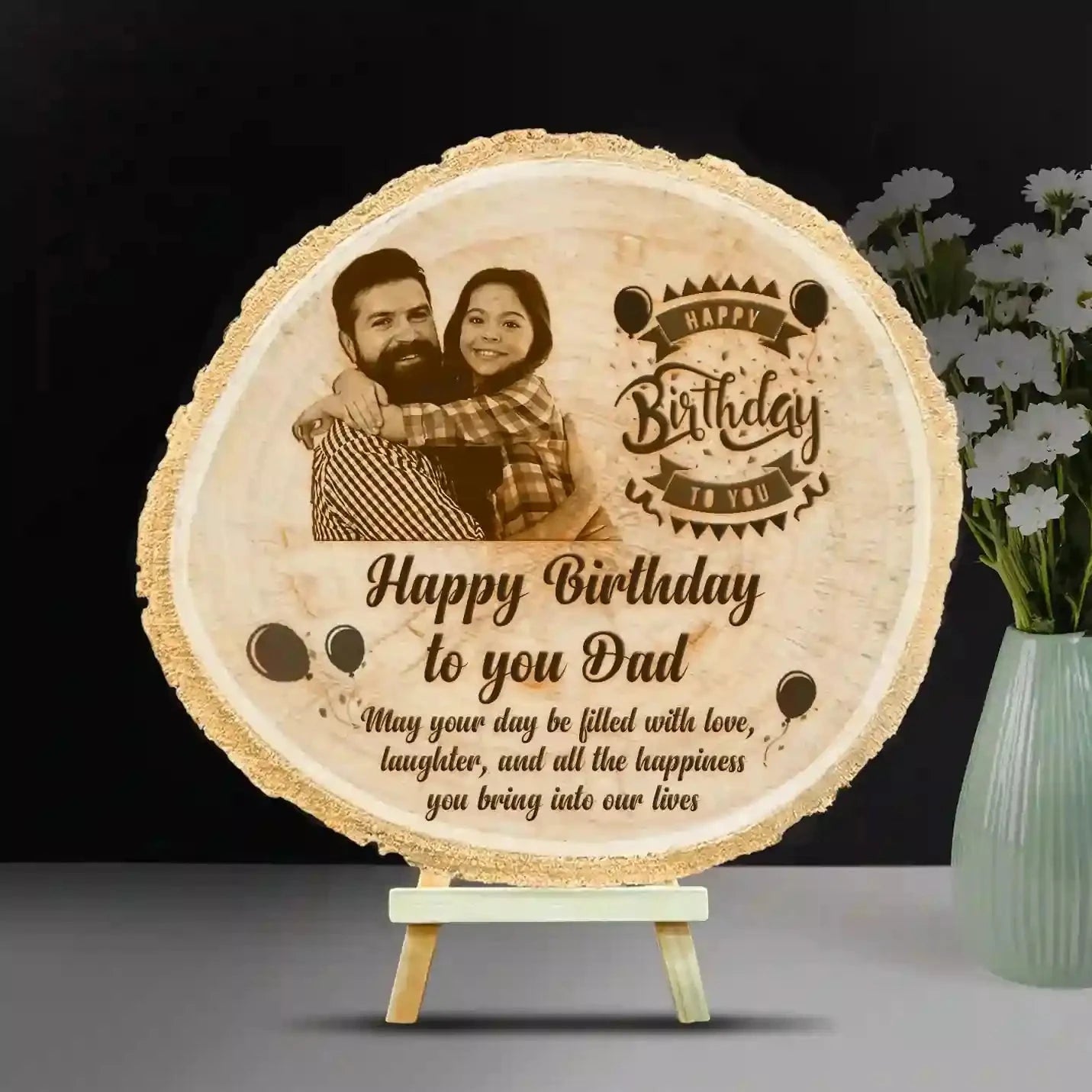 Personalized Wooden Engraved Photo Frame for Dad's Birthday - Custom Himalayan Wood Slice