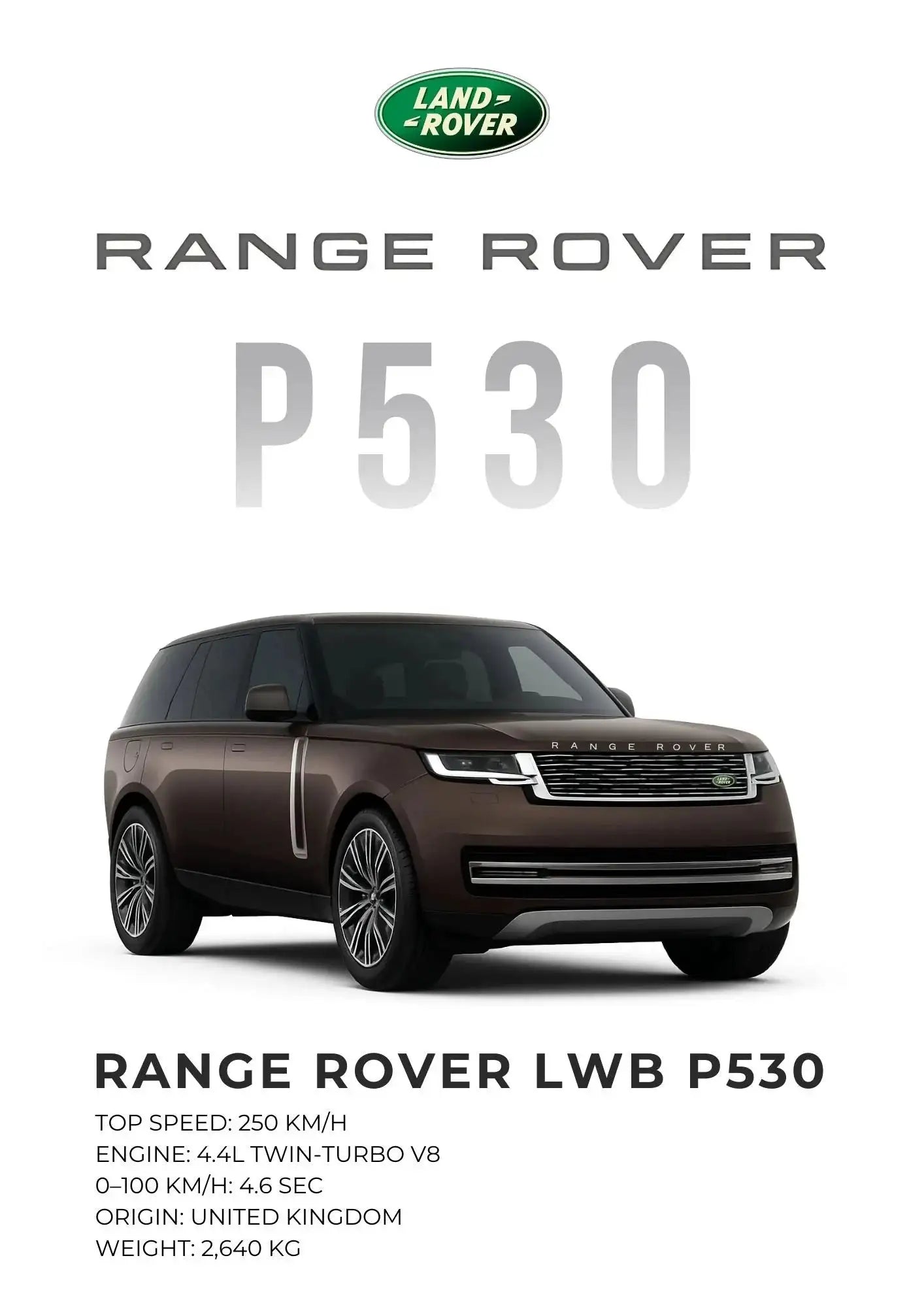 Range Rover LWB P530 Luxury SUV Spec Sheet Poster