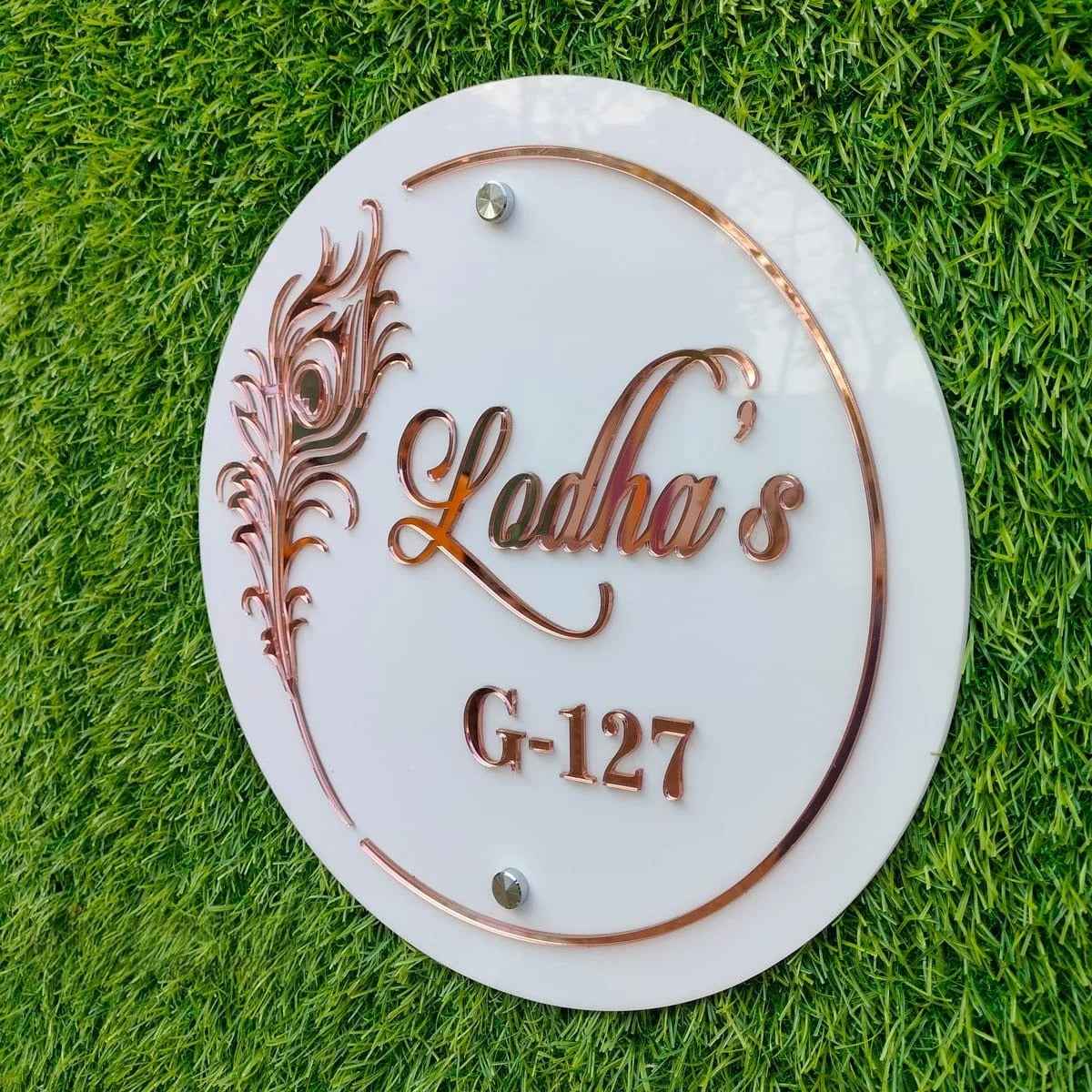 Round Rose Gold Peacock Feather Name Plate Jolly Gifts And Arts