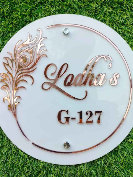 Round Rose Gold Peacock Feather Name Plate Jolly Gifts And Arts